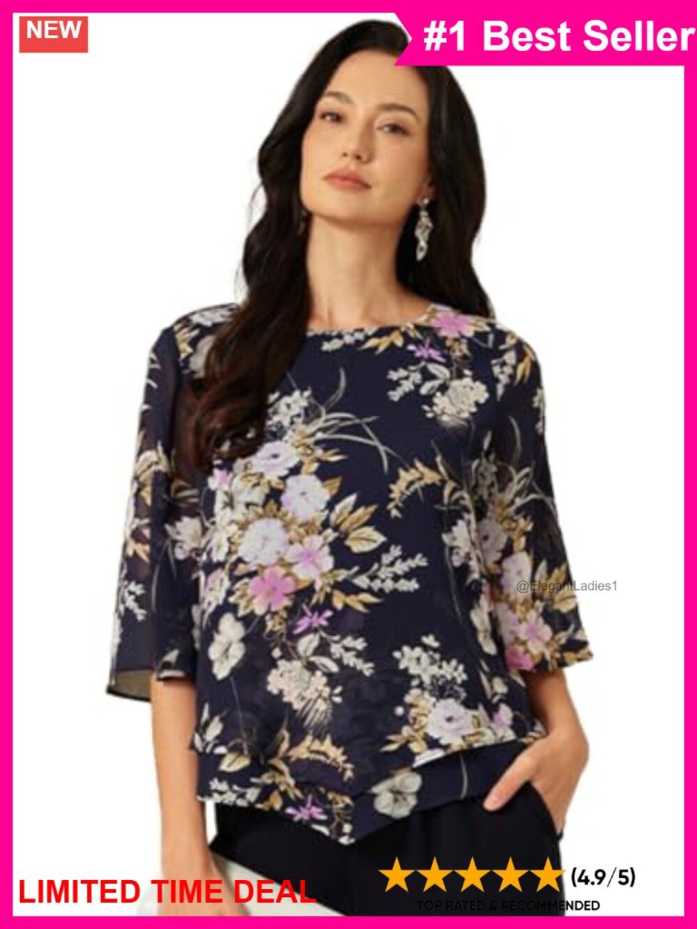 Lightweight Floral Chiffon Blouse Bell Sleeve Ruffle Hem Dressy Casual Top